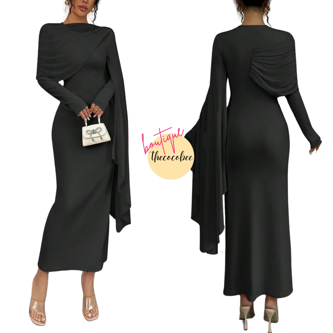 #133 Black Elegant Draped Sleeve Pleated Long Dress, Minimalist & Fashionable For Casual Daily Wear Maxi Women Outfit