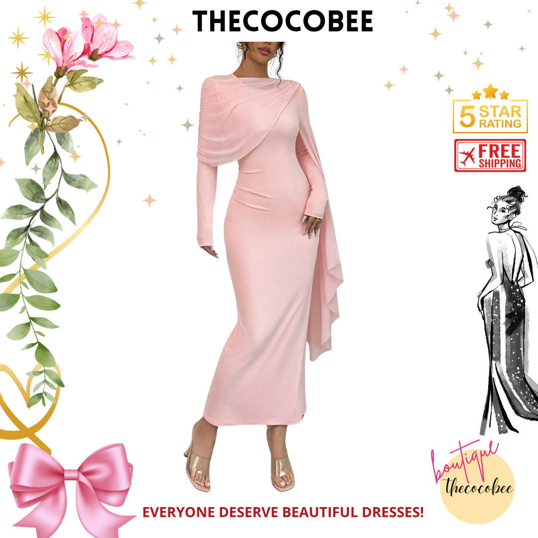 #133 Pink Elegant Solid Color Draped Sleeve Pleated Trim Fitted Dress Maxi Women Outfit