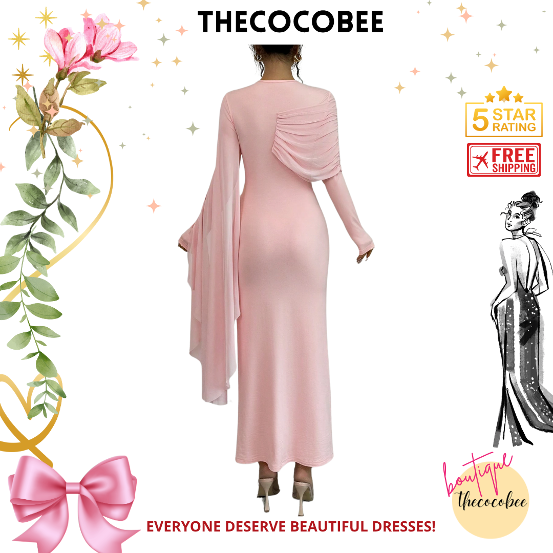#133 Pink Elegant Solid Color Draped Sleeve Pleated Trim Fitted Dress Maxi Women Outfit