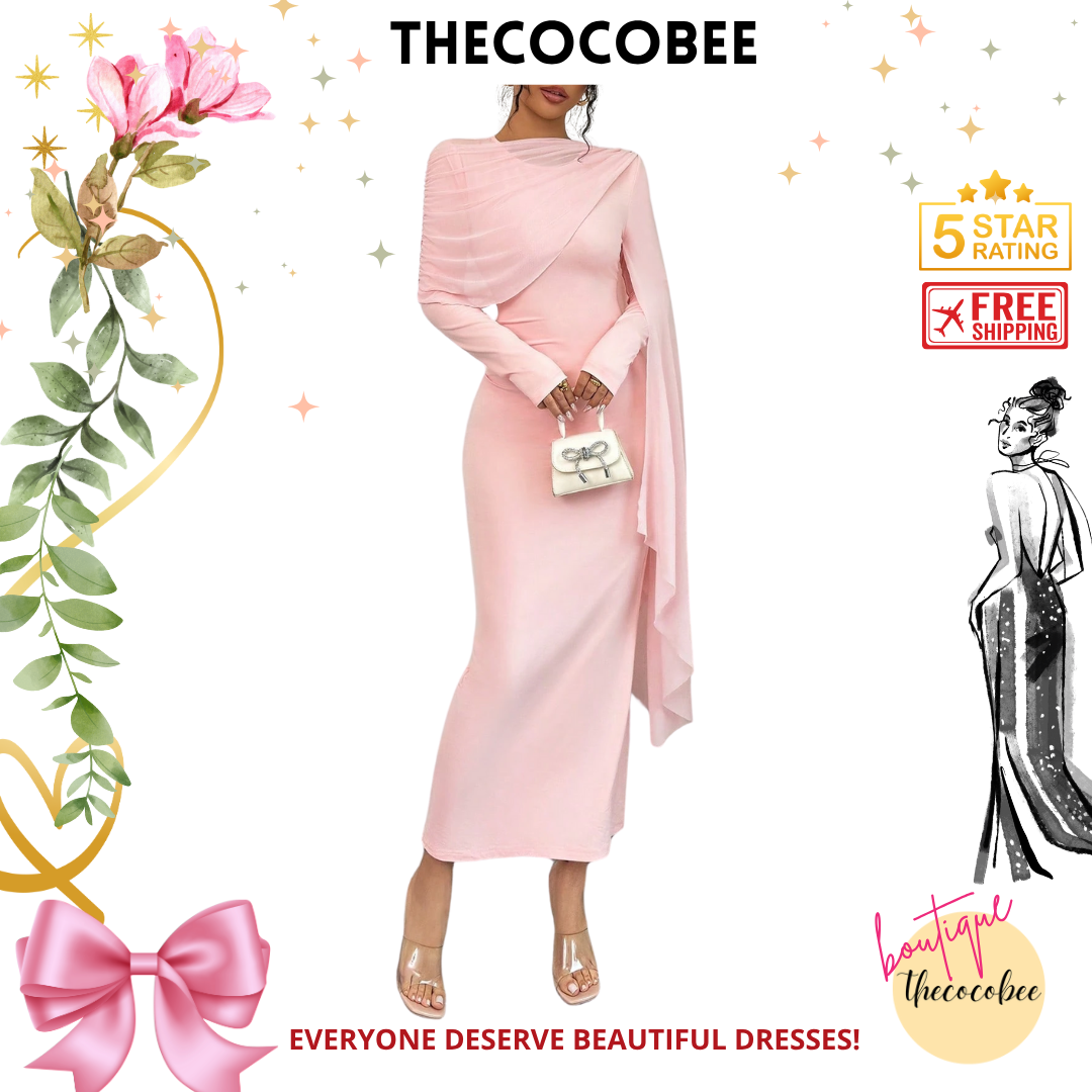 #133 Pink Elegant Solid Color Draped Sleeve Pleated Trim Fitted Dress Maxi Women Outfit