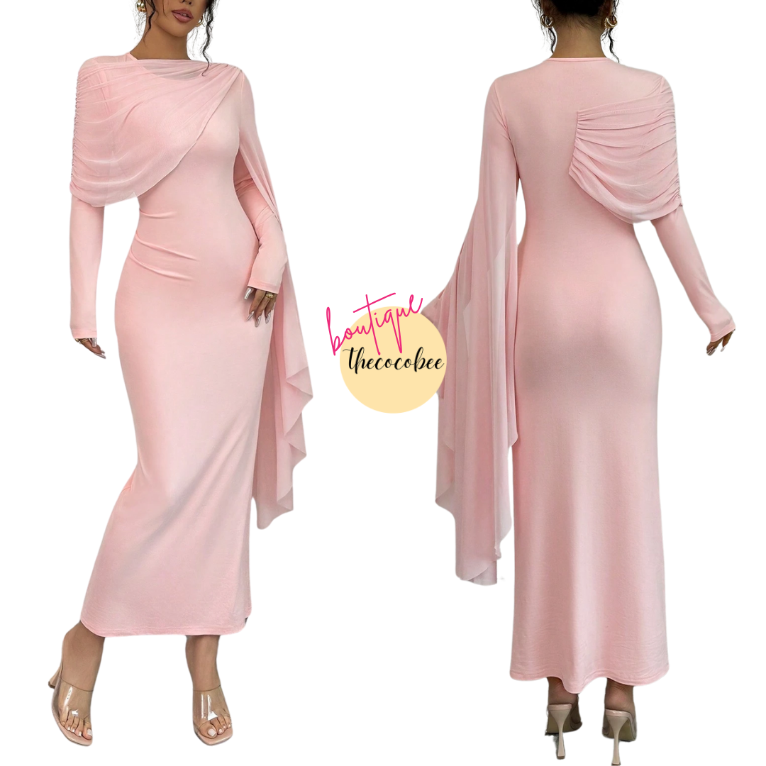 #133 Pink Elegant Solid Color Draped Sleeve Pleated Trim Fitted Dress Maxi Women Outfit