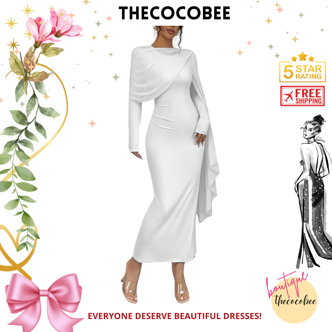 #133 White Solid Color Long Sleeve Simple Casual Elegant Draped Pleated Sleeve Dress Maxi Women Outfit