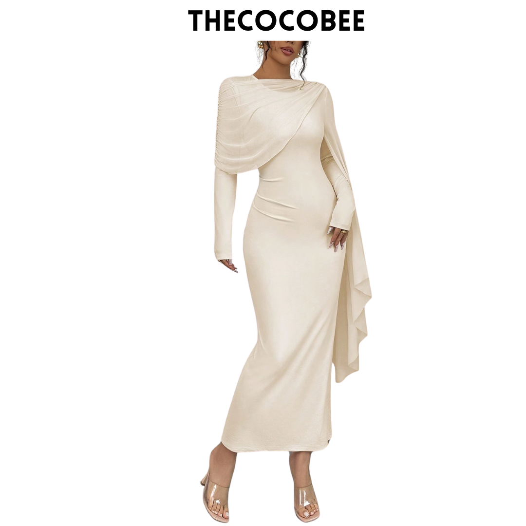 #133 Apricot Solid Color Long Sleeve Simple Casual Elegant Draped Pleated Sleeve Dress Maxi Women Outfit
