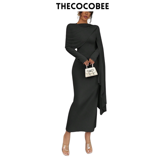 #133 Black Elegant Draped Sleeve Pleated Long Dress, Minimalist & Fashionable For Casual Daily Wear Maxi Women Outfit