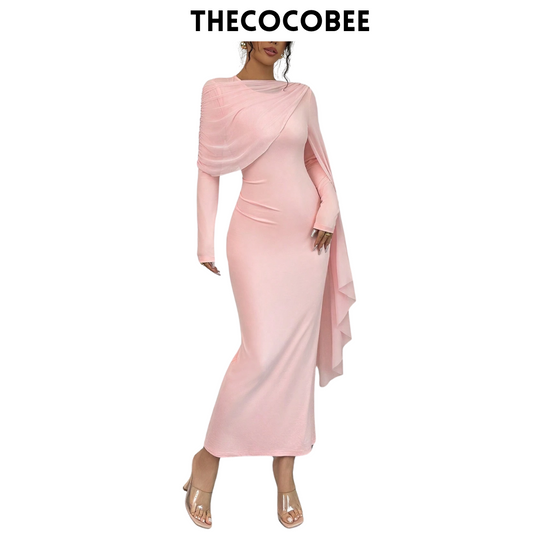 #133 Pink Elegant Solid Color Draped Sleeve Pleated Trim Fitted Dress Maxi Women Outfit