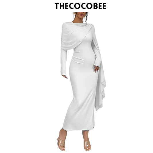 #133 White Solid Color Long Sleeve Simple Casual Elegant Draped Pleated Sleeve Dress Maxi Women Outfit