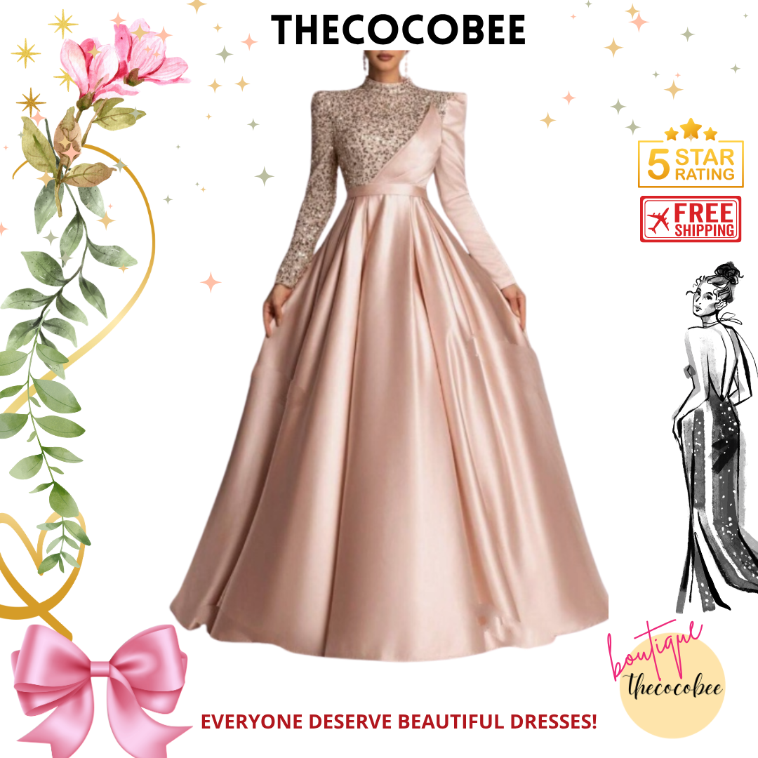 #134 Champagne Satin Sequin Long Sleeve Evening Gown