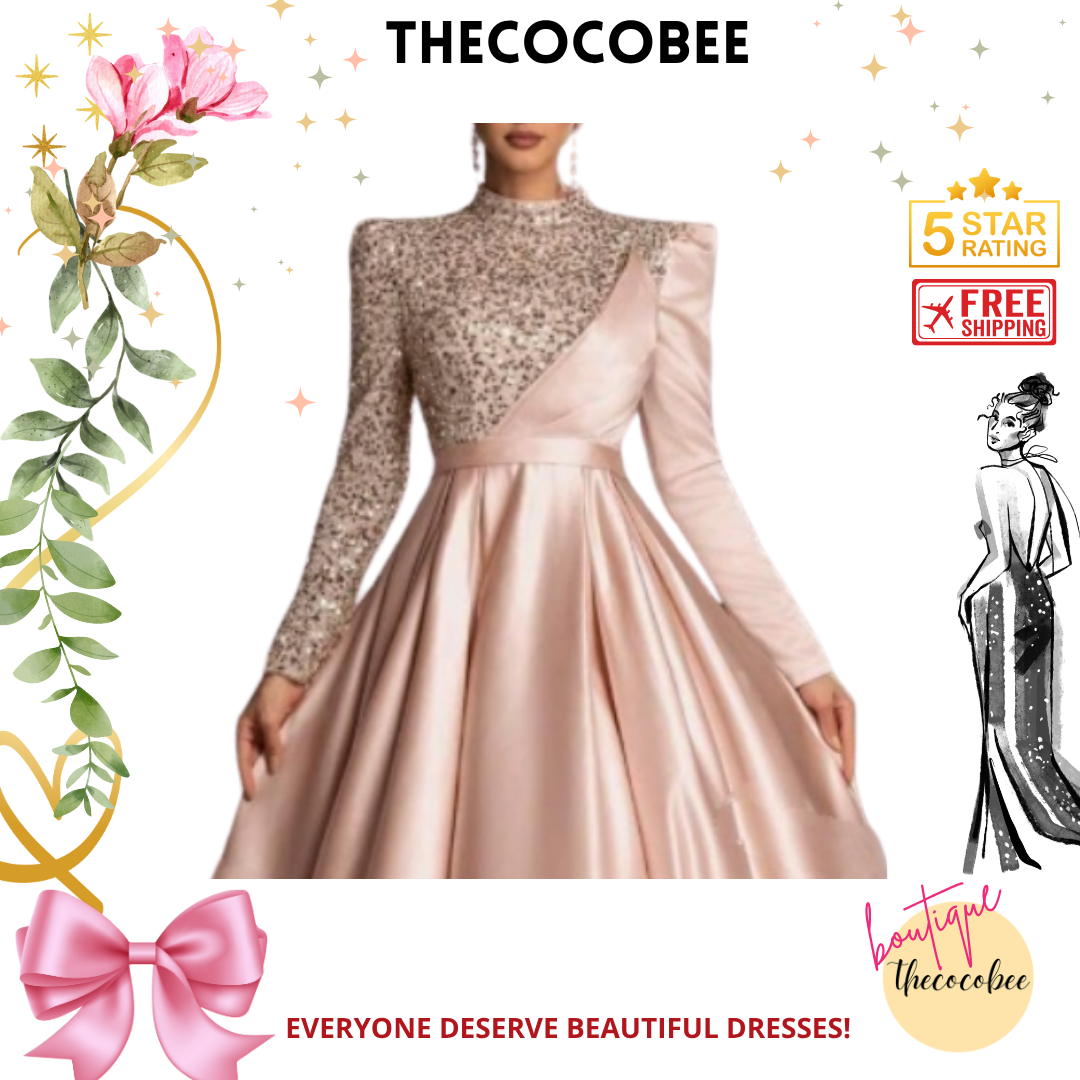 #134 Champagne Satin Sequin Long Sleeve Evening Gown