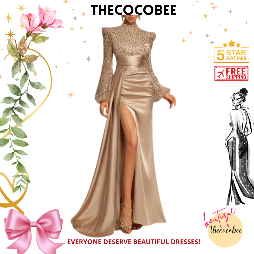 #135 Champagne Elegant Mock Neck Lantern Sleeves Sequin Bodice Mermaid Hem Evening Dress,Wedding Event Dress, Long Sleeve Formal Prom Dress, For Wedding Guest, Graduation, Dinner Party Dress