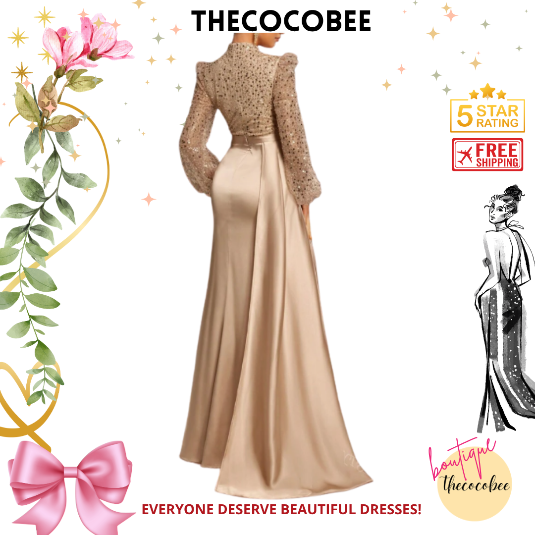 #135 Champagne Elegant Mock Neck Lantern Sleeves Sequin Bodice Mermaid Hem Evening Dress,Wedding Event Dress, Long Sleeve Formal Prom Dress, For Wedding Guest, Graduation, Dinner Party Dress