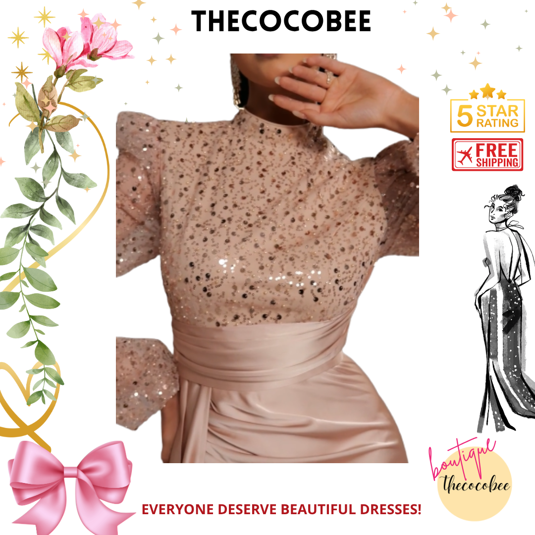 #135 Champagne Elegant Mock Neck Lantern Sleeves Sequin Bodice Mermaid Hem Evening Dress,Wedding Event Dress, Long Sleeve Formal Prom Dress, For Wedding Guest, Graduation, Dinner Party Dress