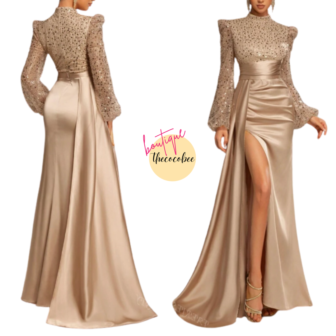 #135 Champagne Elegant Mock Neck Lantern Sleeves Sequin Bodice Mermaid Hem Evening Dress,Wedding Event Dress, Long Sleeve Formal Prom Dress, For Wedding Guest, Graduation, Dinner Party Dress