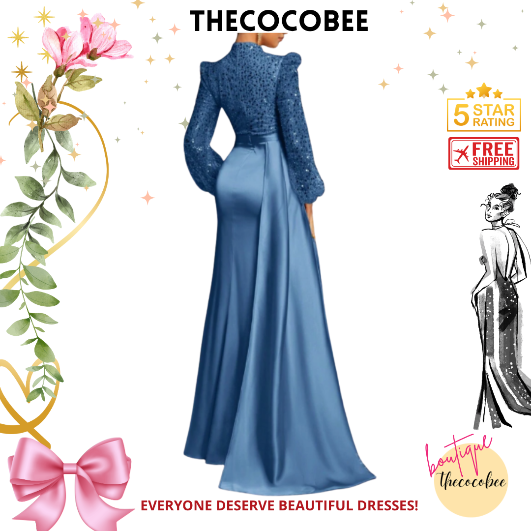 #135 Dusty Blue Elegant Mock Neck Lantern Sleeves Sequin Bodice Mermaid Hem Evening Dress, Party Dress, Wedding Guest Dress, Formal Dress