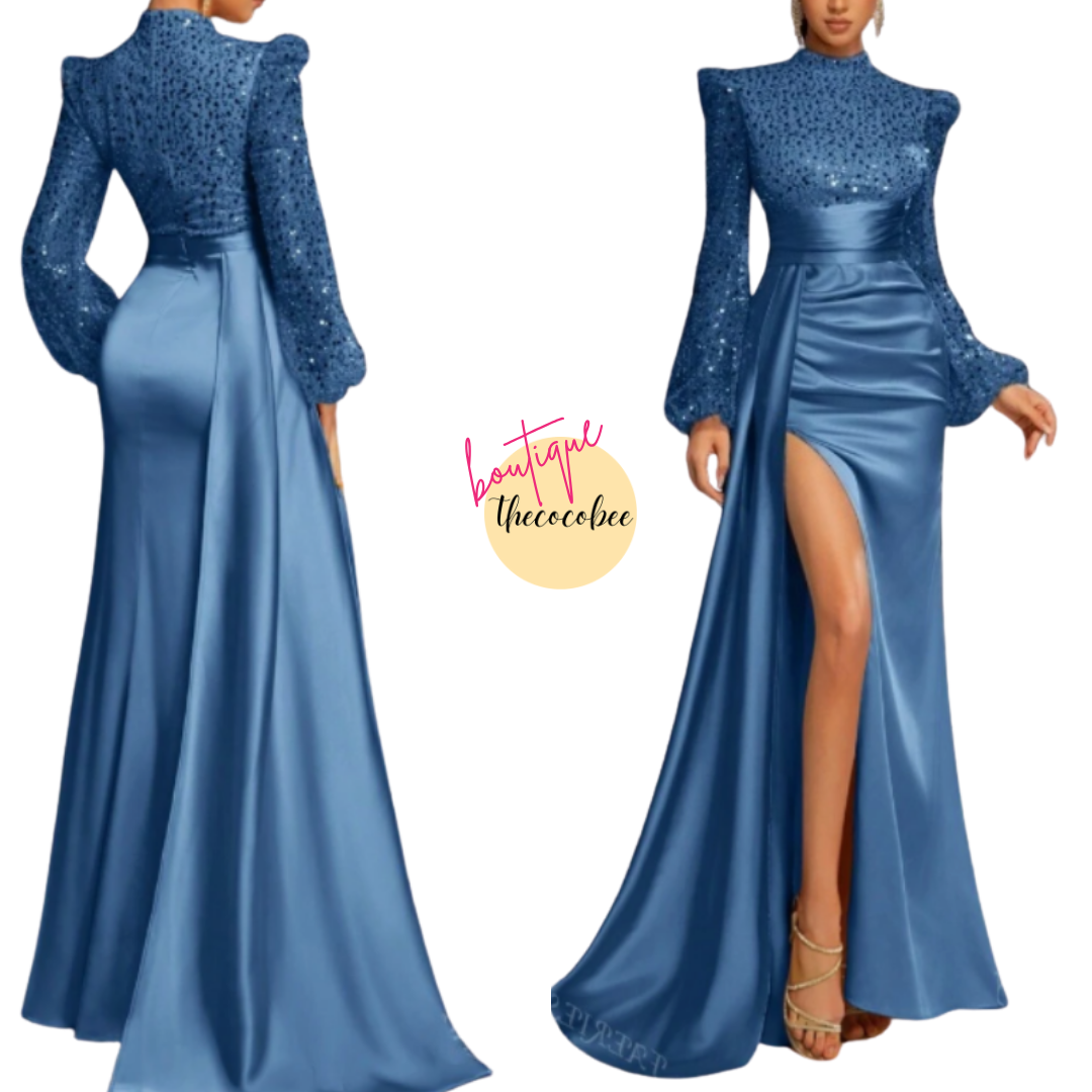 #135 Dusty Blue Elegant Mock Neck Lantern Sleeves Sequin Bodice Mermaid Hem Evening Dress, Party Dress, Wedding Guest Dress, Formal Dress