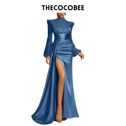 #135 Dusty Blue Elegant Mock Neck Lantern Sleeves Sequin Bodice Mermaid Hem Evening Dress, Party Dress, Wedding Guest Dress, Formal Dress