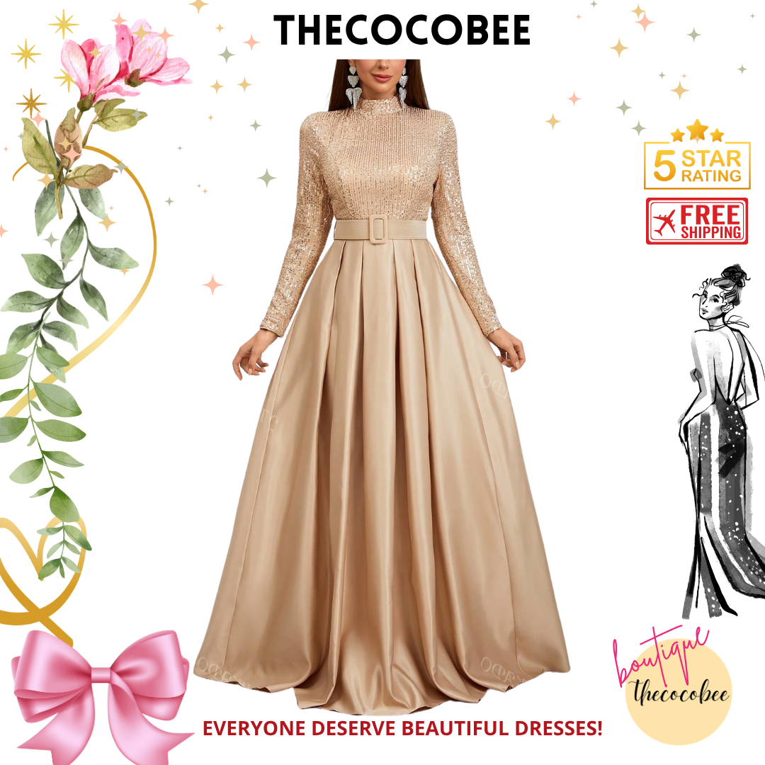 #136 Brown Long Sleeve Stand Collar Sequin Panel Pleated Evening Dress (With Belt) Elegant Formal Prom Wedding Guest Gown, For Graduation, Dinner Party Dress