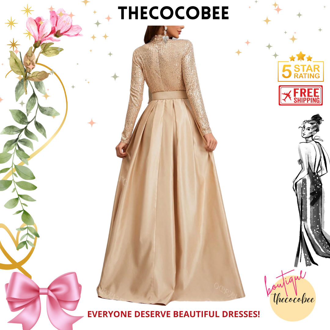 #136 Brown Long Sleeve Stand Collar Sequin Panel Pleated Evening Dress (With Belt) Elegant Formal Prom Wedding Guest Gown, For Graduation, Dinner Party Dress