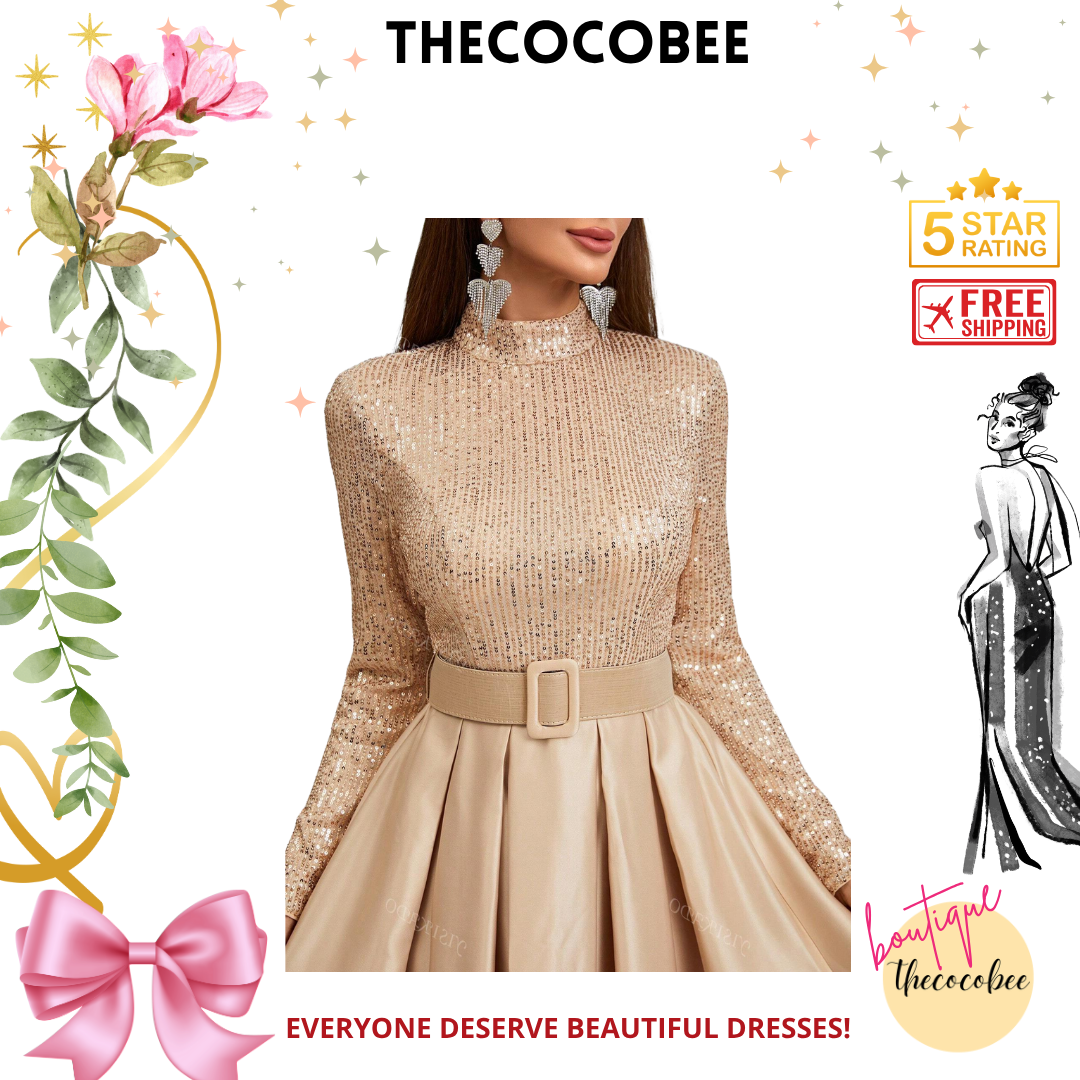 #136 Brown Long Sleeve Stand Collar Sequin Panel Pleated Evening Dress (With Belt) Elegant Formal Prom Wedding Guest Gown, For Graduation, Dinner Party Dress