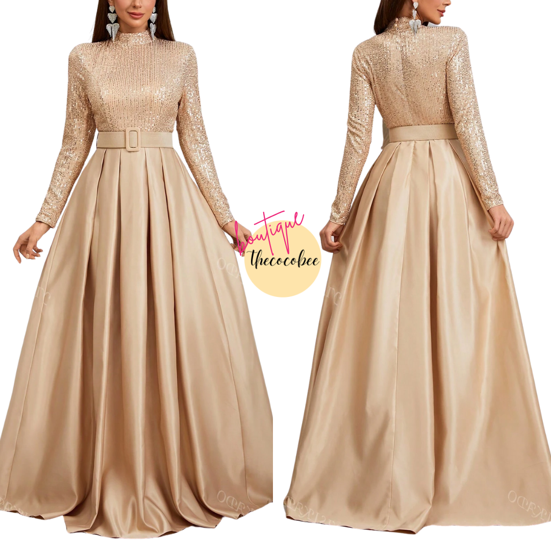 #136 Brown Long Sleeve Stand Collar Sequin Panel Pleated Evening Dress (With Belt) Elegant Formal Prom Wedding Guest Gown, For Graduation, Dinner Party Dress