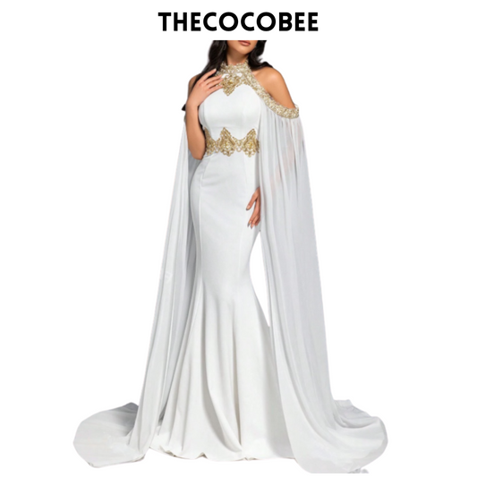 #137 White Vintage Romance Mermaid Gown With Golden Lace Embroidery & Dramatic Chiffon Cape Sleeves | Elegant Dress For Black Tie Events, Cannes Film Festival Red Carpets, Or Royal Gala Parties Party Dress Wedding Guest Dress Formal Dress Evening Dress