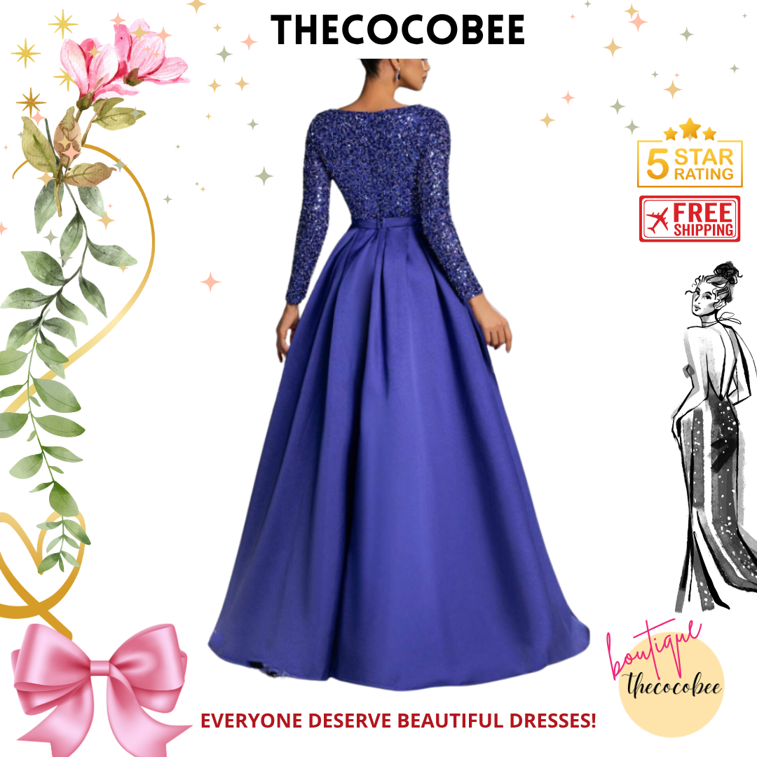 #138 Royal Blue Elegant Sequined Satin Evening Gown With Long Sleeves – Idea For Art Gallery Galas, Charity Dinners, Luxury Events, Private Museum Parties, Or Cannes Film Festival Red Carpets