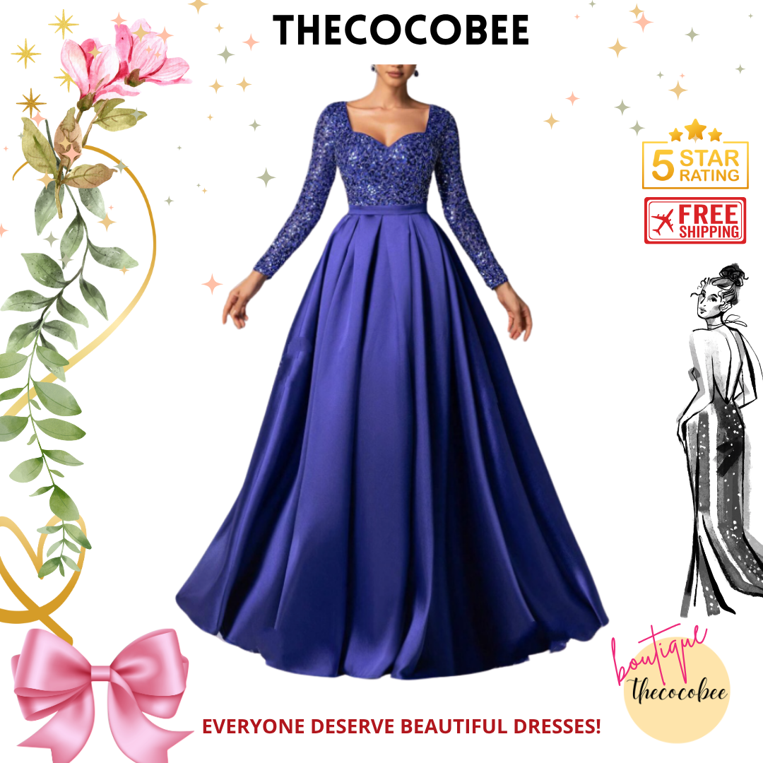 #138 Royal Blue Elegant Sequined Satin Evening Gown With Long Sleeves – Idea For Art Gallery Galas, Charity Dinners, Luxury Events, Private Museum Parties, Or Cannes Film Festival Red Carpets