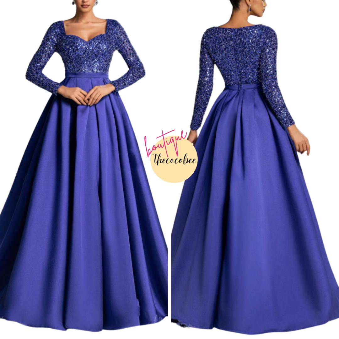 #138 Royal Blue Elegant Sequined Satin Evening Gown With Long Sleeves – Idea For Art Gallery Galas, Charity Dinners, Luxury Events, Private Museum Parties, Or Cannes Film Festival Red Carpets