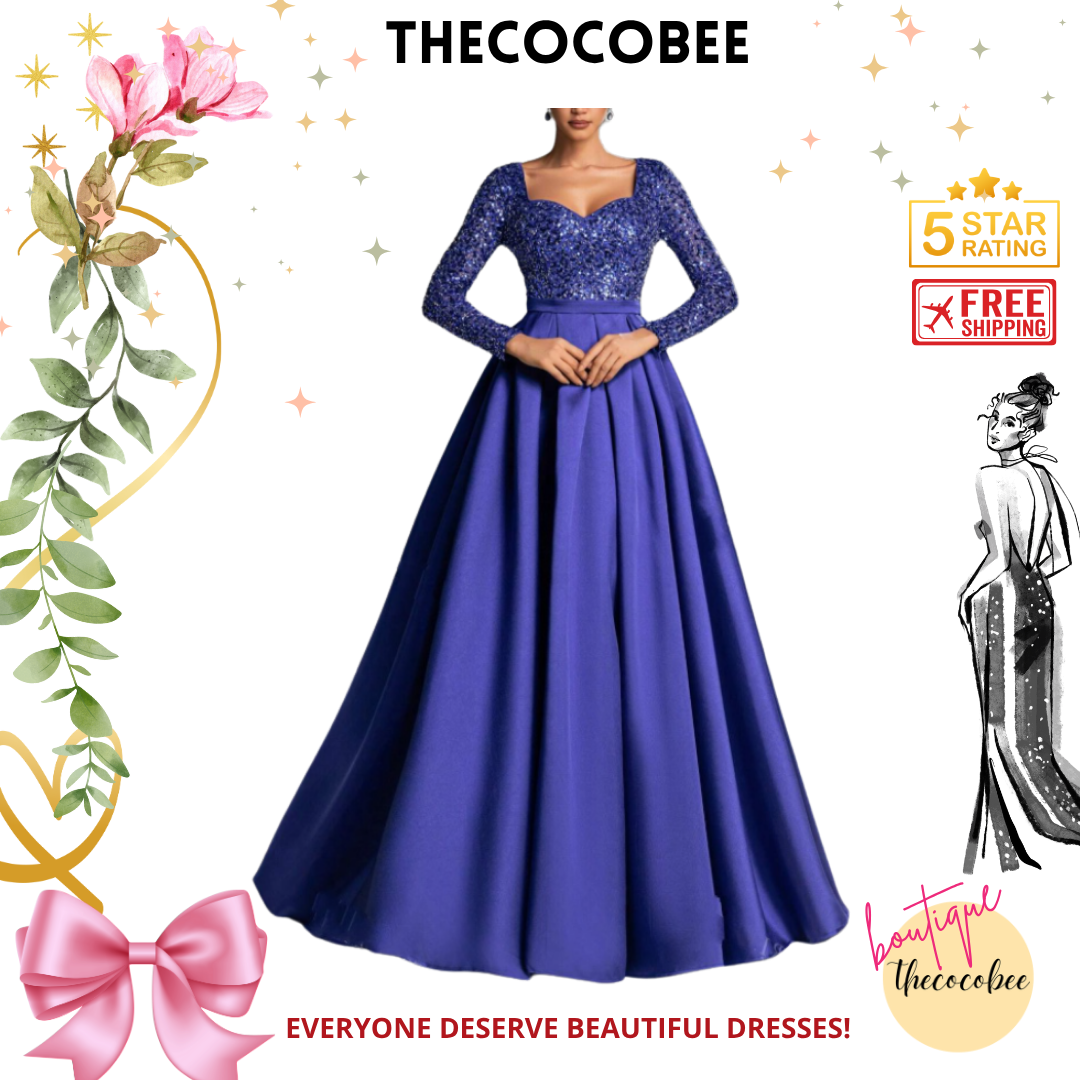 #138 Royal Blue Elegant Sequined Satin Evening Gown With Long Sleeves – Idea For Art Gallery Galas, Charity Dinners, Luxury Events, Private Museum Parties, Or Cannes Film Festival Red Carpets