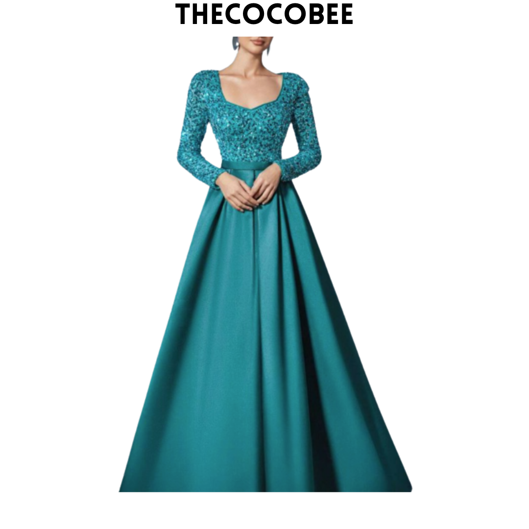 #138 Dark Green Elegant Sequined Satin Evening Gown With Long Sleeves, Idea For Art Gallery Galas, Charity Dinners, Luxury Events, Private Museum Parties, Or Cannes Film Festival Red Carpets, Party Dress, Wedding Guest Dress, Formal Dress, Evening Dress