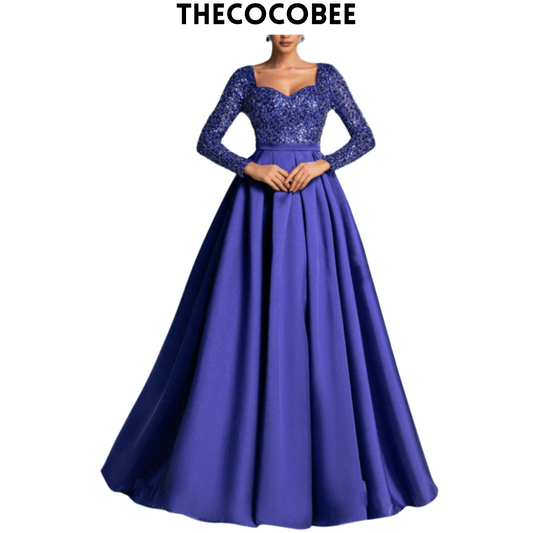 #138 Royal Blue Elegant Sequined Satin Evening Gown With Long Sleeves – Idea For Art Gallery Galas, Charity Dinners, Luxury Events, Private Museum Parties, Or Cannes Film Festival Red Carpets