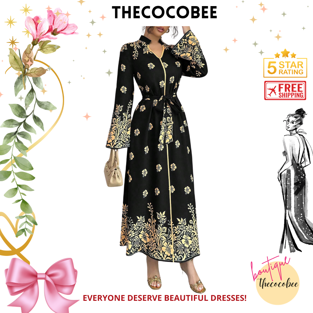 #139 Black Printed Stand Collar Long Sleeve Elegant Casual Long Dress For Women Maxi Women Outfit