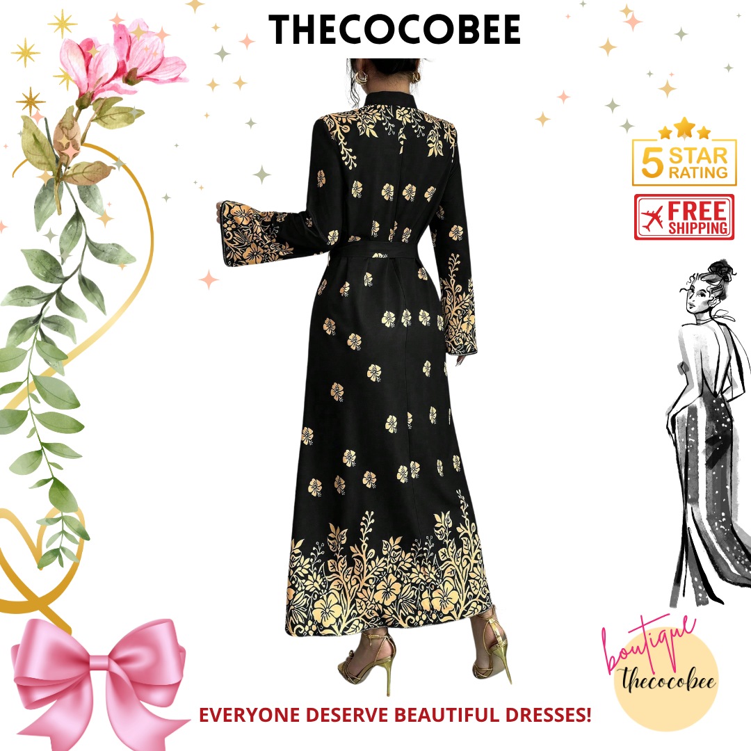 #139 Black Printed Stand Collar Long Sleeve Elegant Casual Long Dress For Women Maxi Women Outfit