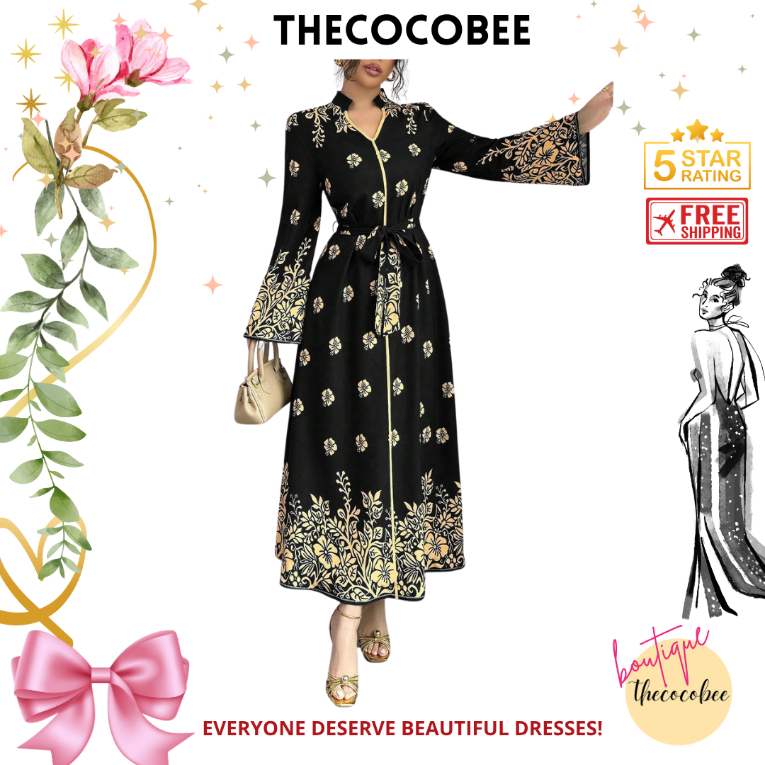 #139 Black Printed Stand Collar Long Sleeve Elegant Casual Long Dress For Women Maxi Women Outfit