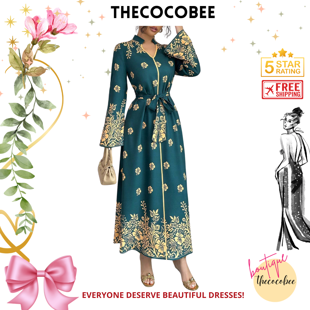 #139 Multicolor Printed Stand Collar Long Sleeve Elegant Casual Long Dress For Women Maxi Women Outfit