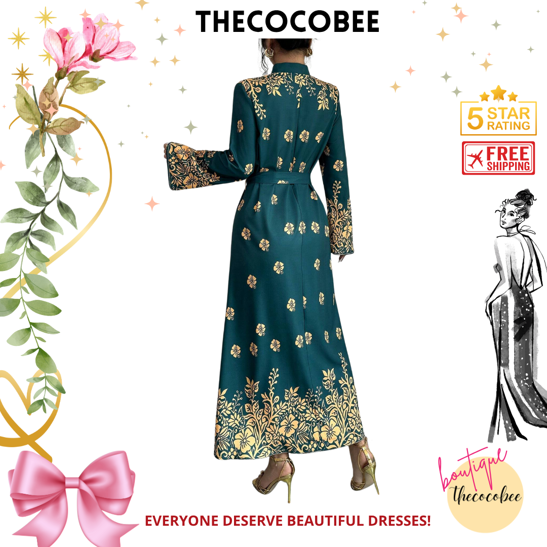 #139 Multicolor Printed Stand Collar Long Sleeve Elegant Casual Long Dress For Women Maxi Women Outfit