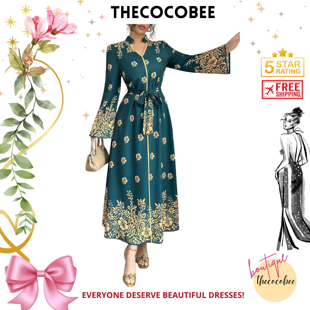 #139 Multicolor Printed Stand Collar Long Sleeve Elegant Casual Long Dress For Women Maxi Women Outfit