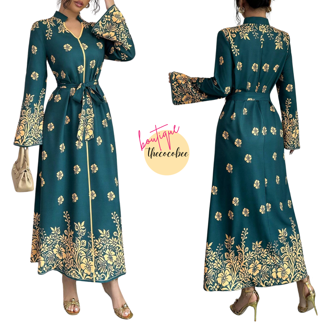 #139 Multicolor Printed Stand Collar Long Sleeve Elegant Casual Long Dress For Women Maxi Women Outfit