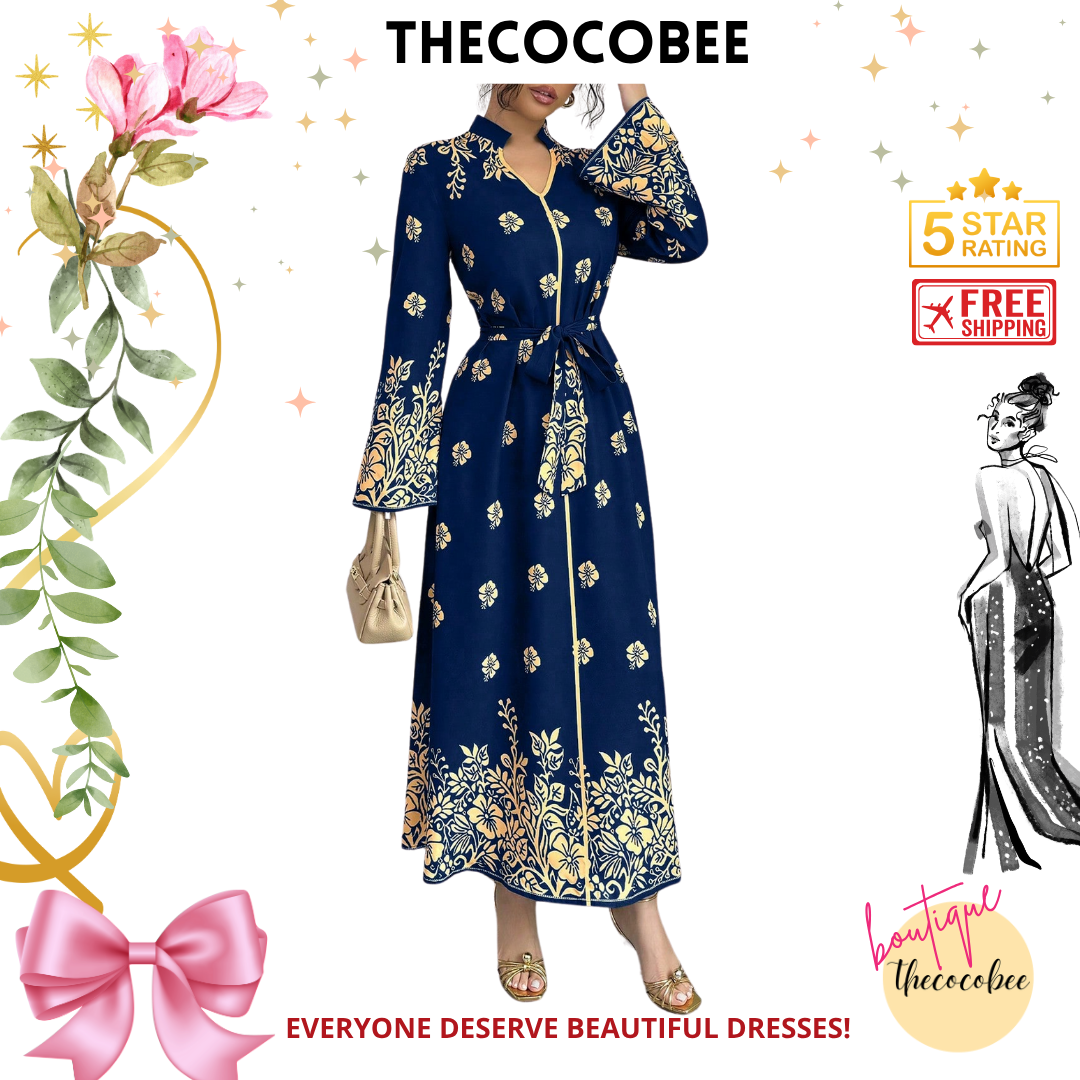 #139 Navy Blue Printed Stand Collar Long Sleeve Elegant Casual Long Dress For Women Maxi Women Outfit