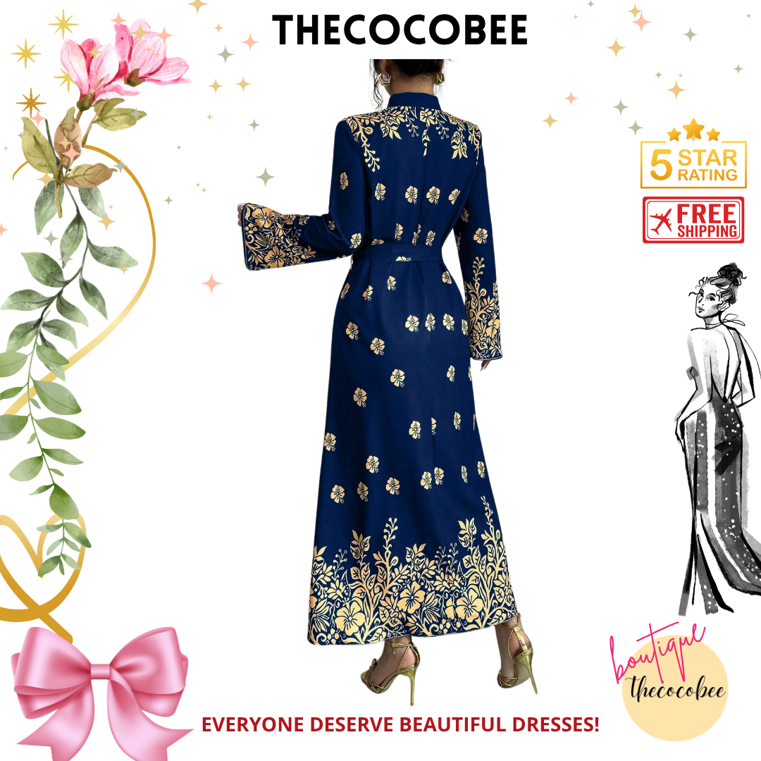 #139 Navy Blue Printed Stand Collar Long Sleeve Elegant Casual Long Dress For Women Maxi Women Outfit
