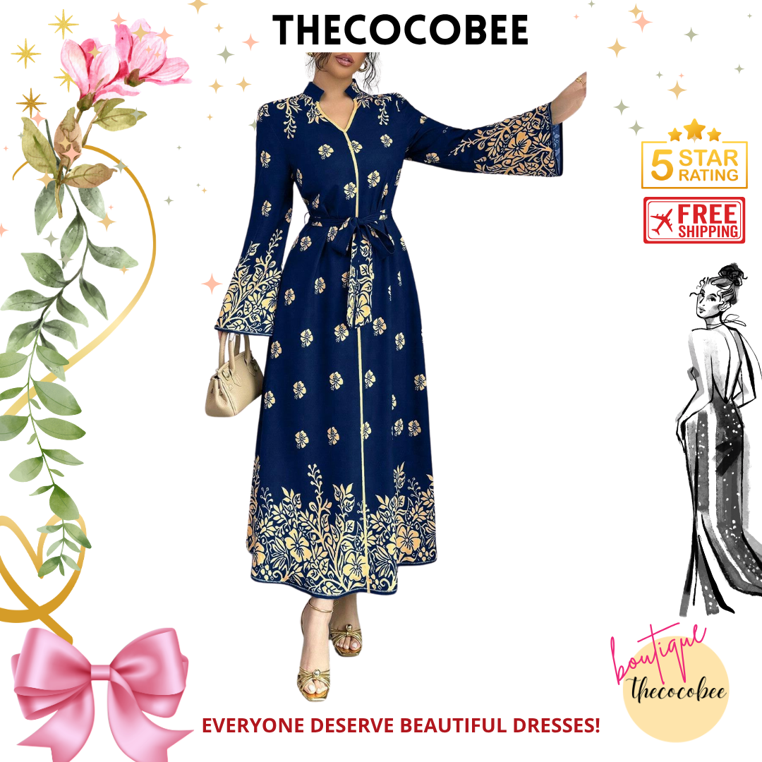 #139 Navy Blue Printed Stand Collar Long Sleeve Elegant Casual Long Dress For Women Maxi Women Outfit