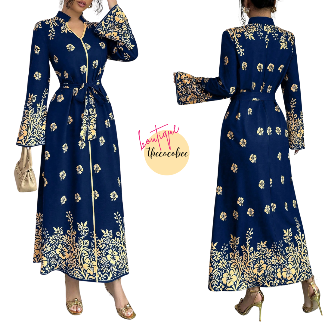 #139 Navy Blue Printed Stand Collar Long Sleeve Elegant Casual Long Dress For Women Maxi Women Outfit