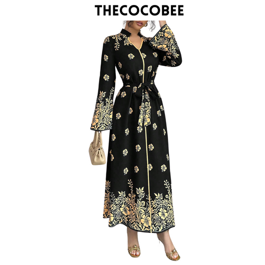 #139 Black Printed Stand Collar Long Sleeve Elegant Casual Long Dress For Women Maxi Women Outfit