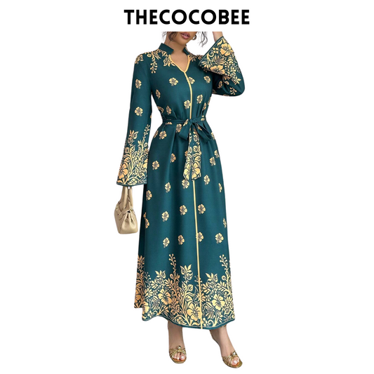 #139 Multicolor Printed Stand Collar Long Sleeve Elegant Casual Long Dress For Women Maxi Women Outfit