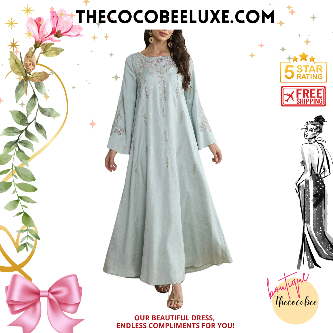 #140 Mint Green Elegant Flower Embroidery Flared Sleeve Loose Dress