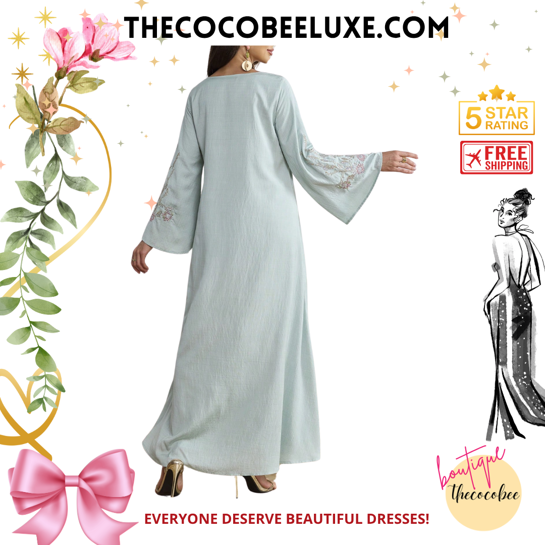 #140 Mint Green Elegant Flower Embroidery Flared Sleeve Loose Dress