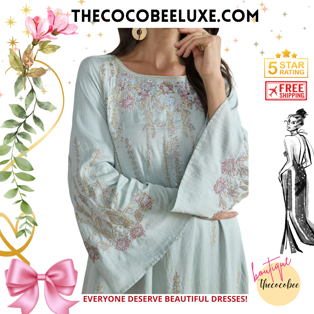 #140 Mint Green Elegant Flower Embroidery Flared Sleeve Loose Dress