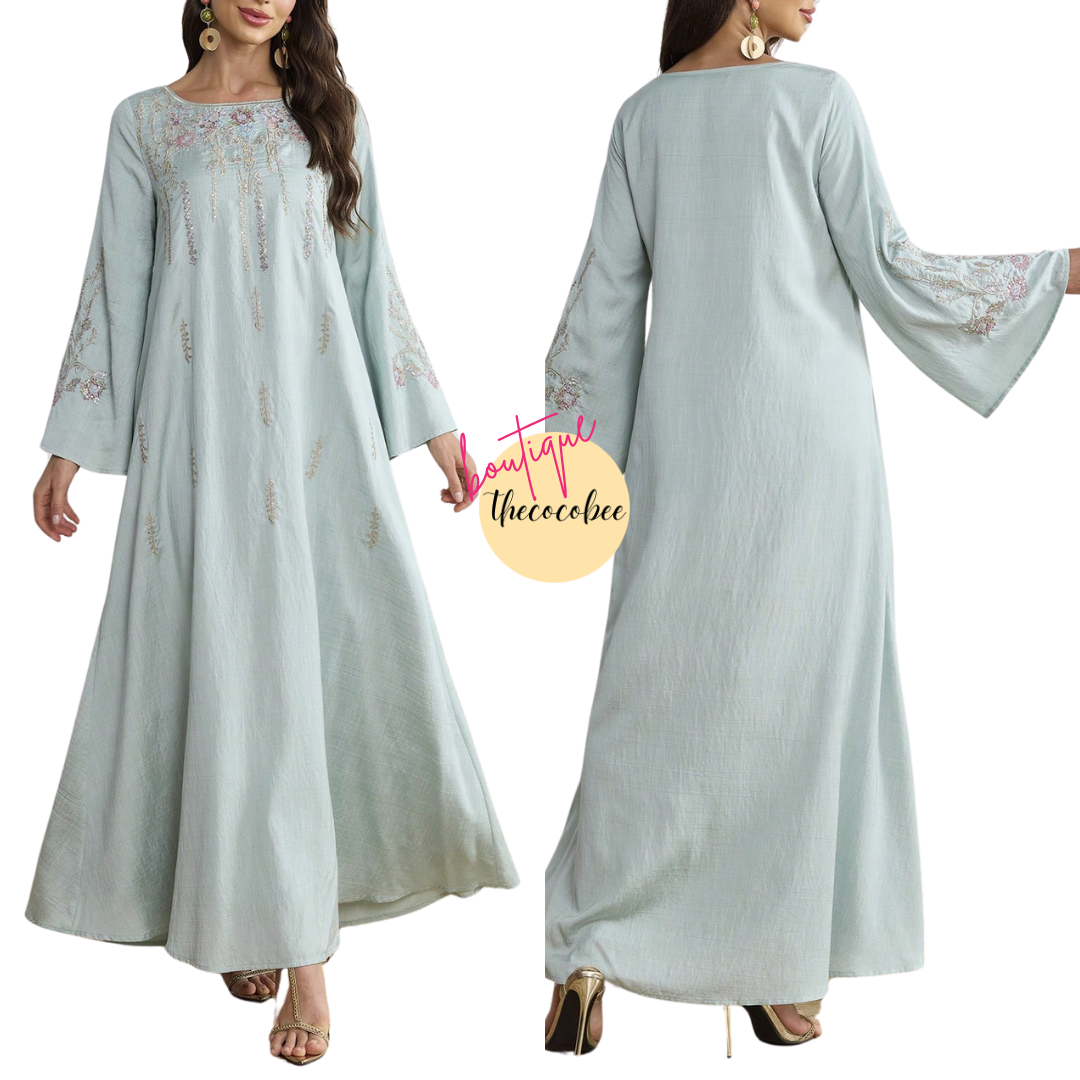 #140 Mint Green Elegant Flower Embroidery Flared Sleeve Loose Dress