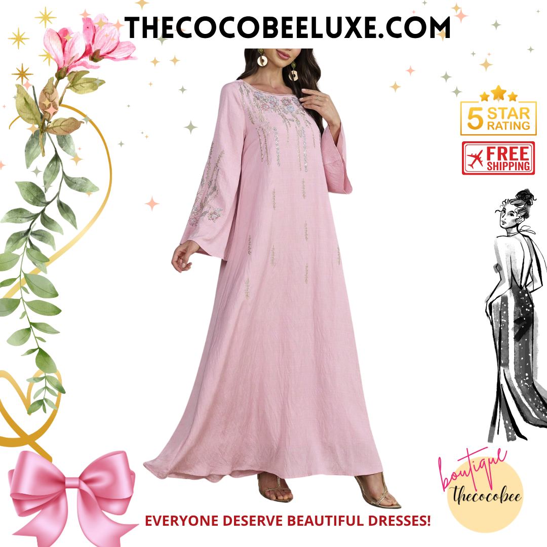 #140 Pink Embroidered Woven Fabric Dress With Scoop Neckline And Wrist-Length Sleeves, Perfect For An Elegant Look