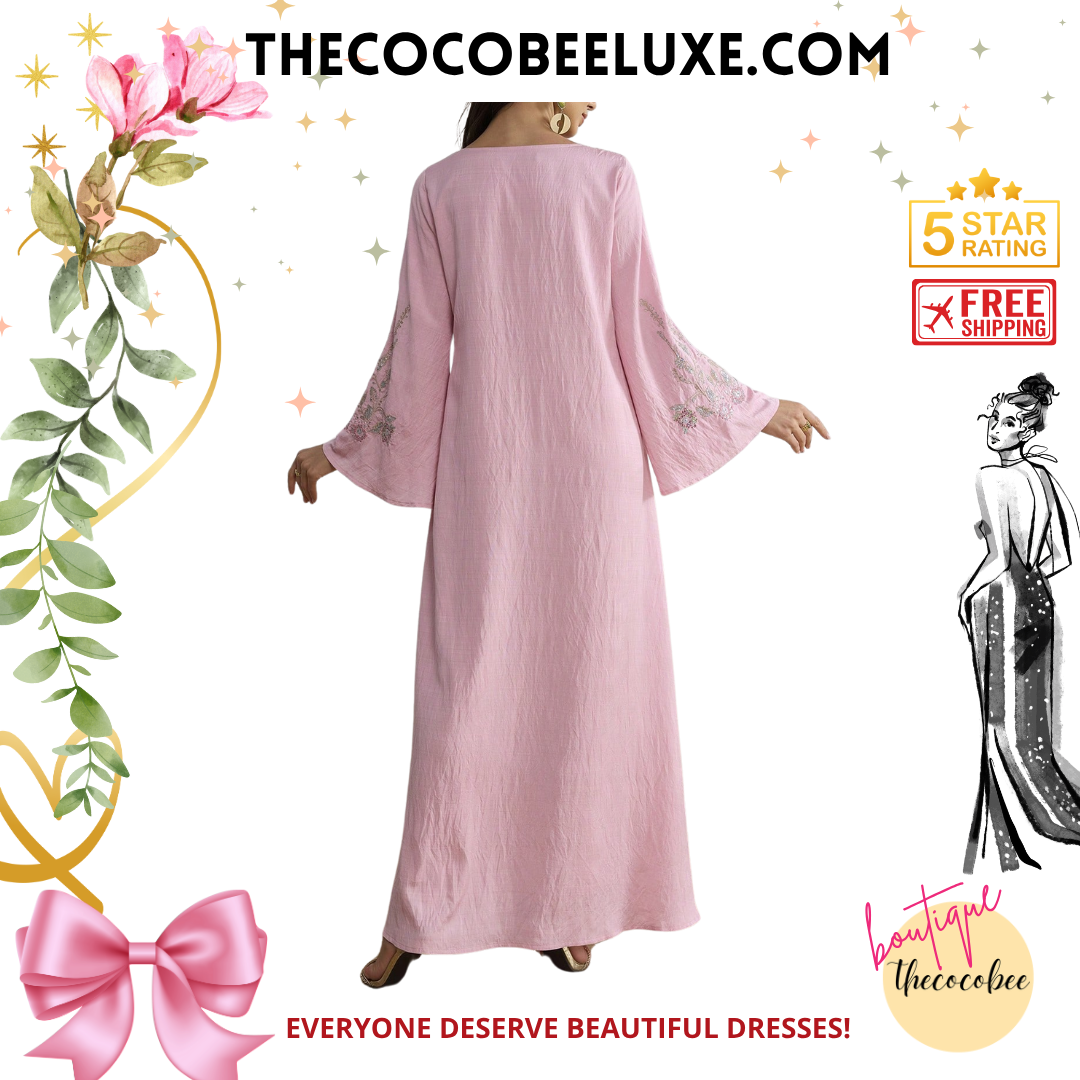 #140 Pink Embroidered Woven Fabric Dress With Scoop Neckline And Wrist-Length Sleeves, Perfect For An Elegant Look