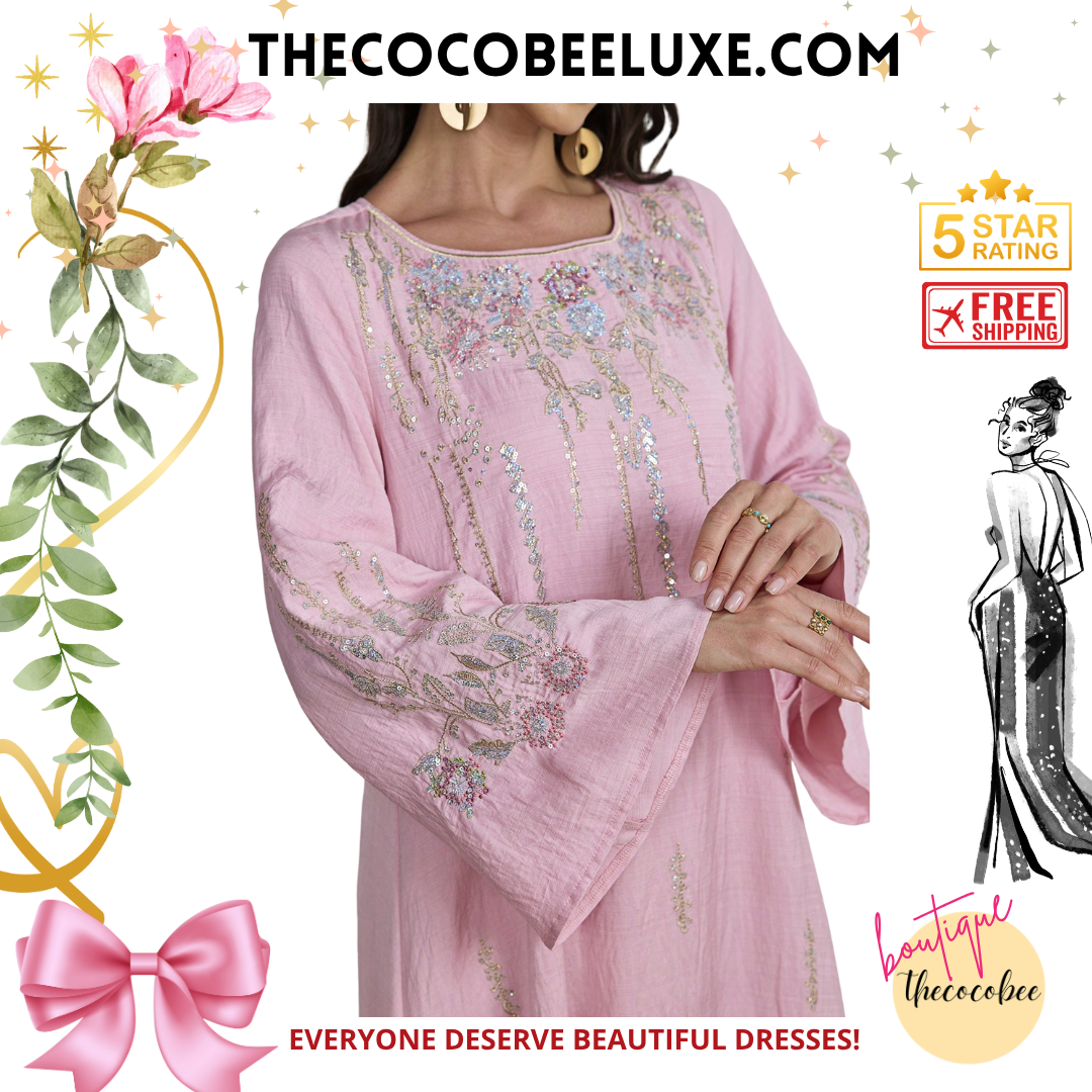 #140 Pink Embroidered Woven Fabric Dress With Scoop Neckline And Wrist-Length Sleeves, Perfect For An Elegant Look